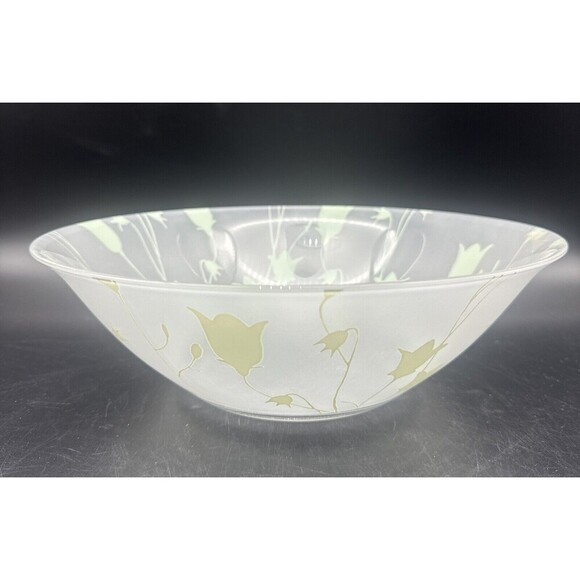 VTG Frosted Glass GREEN Bellflower Serving Bowl Made In France 10.5” - Picture 3 of 6